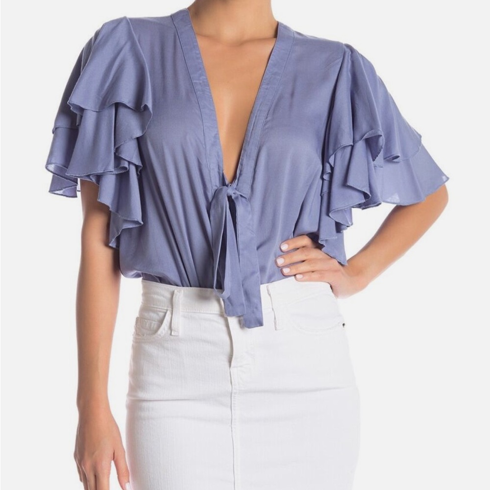 Intimately Free People Blue Ruffle Plunge Neckline Bodysuit